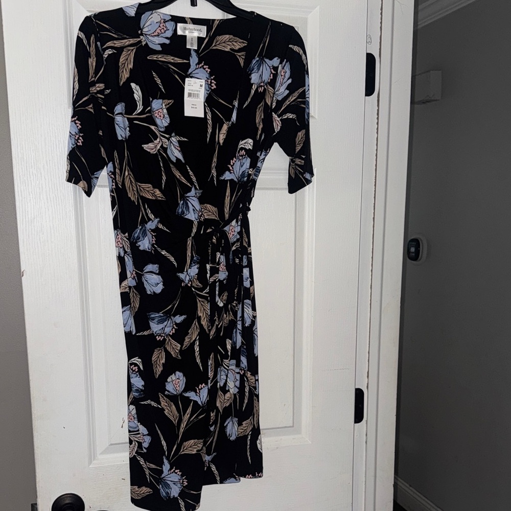 Motherhood Black Dress with Blue Floral Pattern